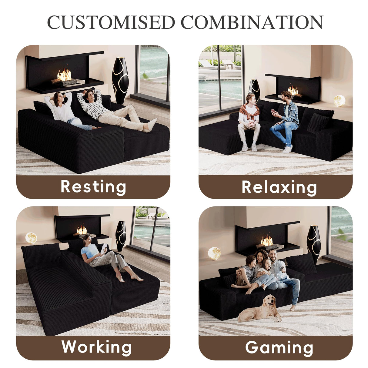 GLAMOUT 105" Convertible Sectional Couch with L-Shape Chaise, Modern Modular Sofa with Deep Seat, 3-Seater Comfy Cloud Couches for Living Room, Bedroom, No Assembly Required, Black GLAMOUT