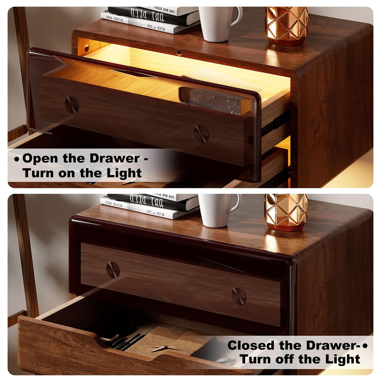 MUSSTUFIC Floating LED Nightstand, Smart Sensor Bedside Wall Mounted Wood Side End Table with 2 Storage Drawers for Bedroom Dorm Small Space, Dark Walnut (Walnut, 1 pcs) MUSSTUFIC