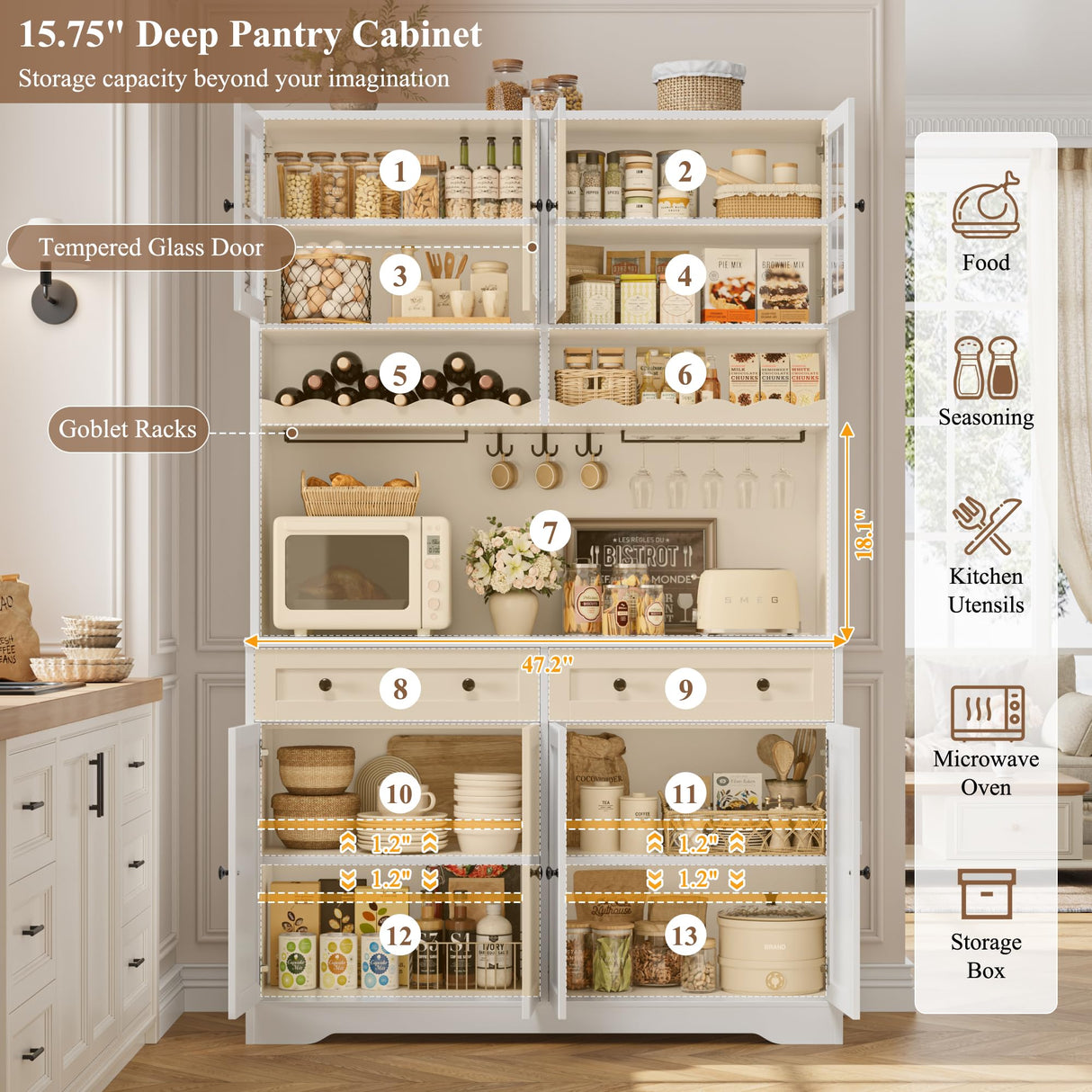 HOSTACK 75.4" Tall Kitchen Pantry Cabinet with Charging Station, Modern White Kitchen Hutch with Microwave Stand and Wine Racks, Large Food Pantry Storage Cabinet with Glass Doors and Drawers, White HOSTACK