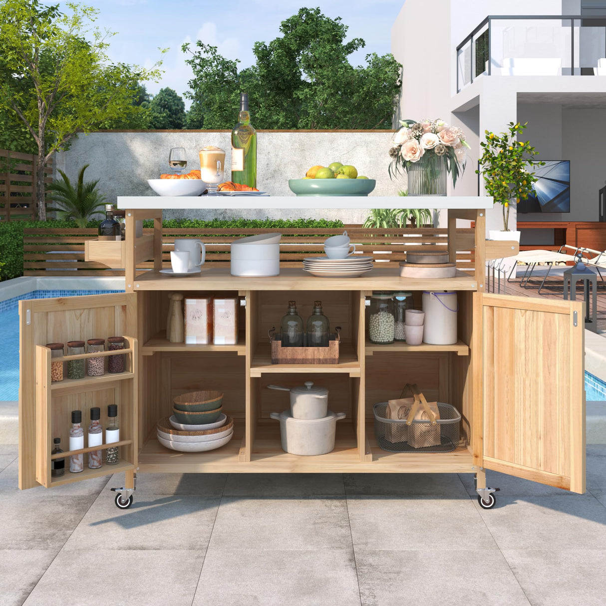 CKLMMC Farmhouse Outdoor Kitchen Island, Rolling Bar Cart & Storage Cabinet with Stainless Steel Top, Spice Rack, Towel Rack for Kitchen & Barbecue, Solid Wood Outdoor Grill Table (Natural) CKLMMC