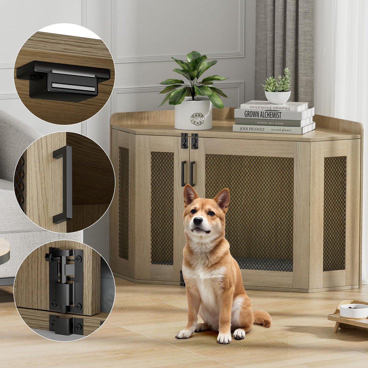 Corner Dog Crate Furniture - Dog Crate Cage for Small Medium Dogs, Wooden Indoor Aesthetic Puppy Kennel TV Stand, Modern Decorative Pet House Dog Cage, Light Oak Giluta