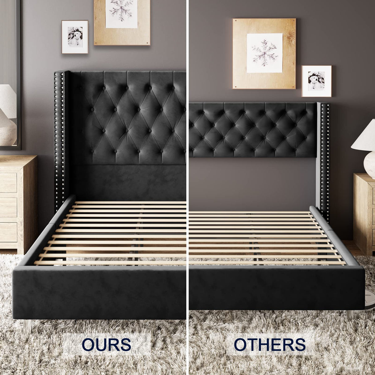 Jocisland King Bed Frame Upholstered Bed Wingback Headboard Velvet Tufted Diamond Button/No Box Spring Needed/Easy Assembly/Black Jocisland