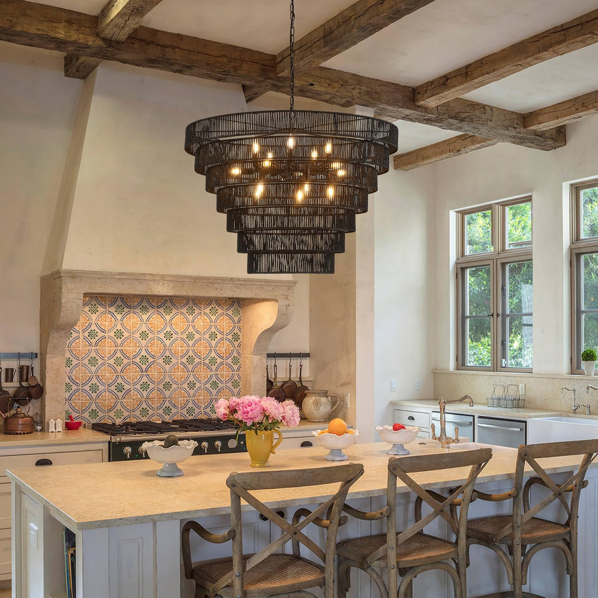 YOMECOO 39.4“ Large Hand-Woven Rattan Chandelier Vintage Farmhouse 15-Lights Boho Bamboo Black Chandeliers Light Fixture Retro Drum Wicker Rattan Chandelier for Dining Room, Living Room, Kitchen, E12 YOMECOO