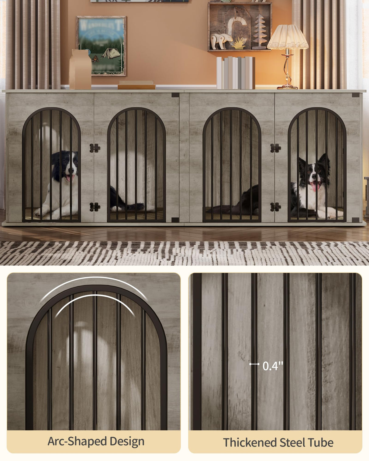 Hzuaneri 88.4" Dog Crate Furniture for 2 Dogs, Heavy Duty Indoor Dog Kennel TV Stand, XXL Wooden Dog Cage with Divider for Medium Large Dogs, End Table Dog Crate with Cushion, Greige Black DFC84005BV1 Hzuaneri