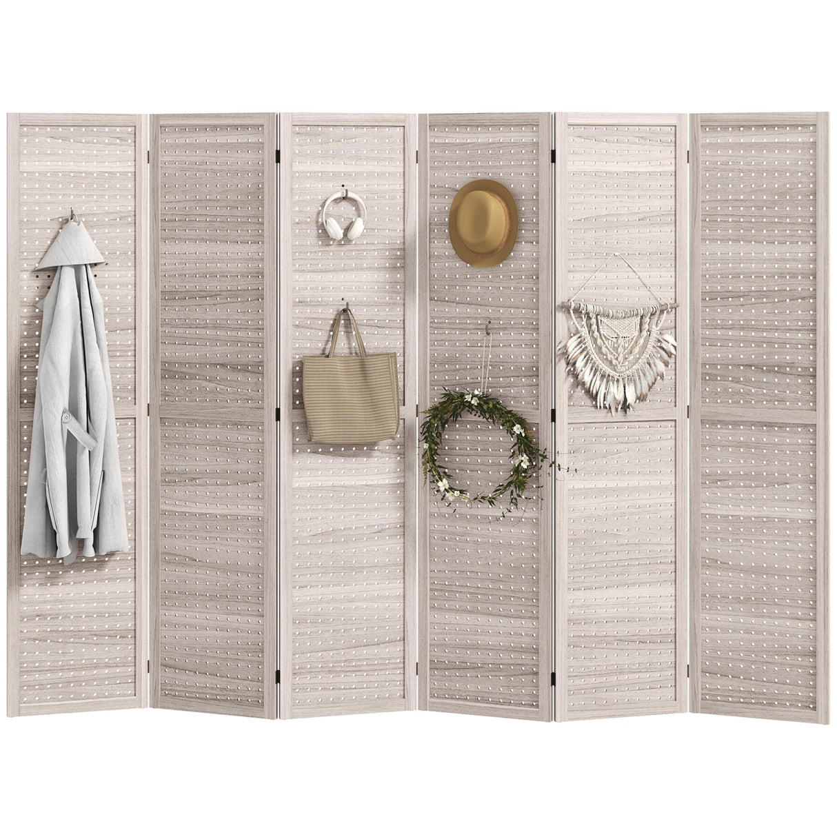 HOMCOM 6 Panel Pegboard Display with 500 Hook Holes, Wood Room Divider Wall, 5.6Ft Folding Privacy Screens, Portable Freestanding Wall Organizer for Bedroom Reading Room, Natural HOMCOM
