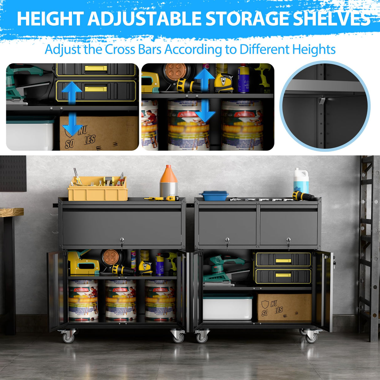 GangMei Metal Garage Storage Cabinet with Wheels and Pegboard, 35.4" H Lockable Tool Storage Cabinet with One Drawer, Adjustable Shelf and 4 Hooks for Garage, Warehouse, Black GangMei