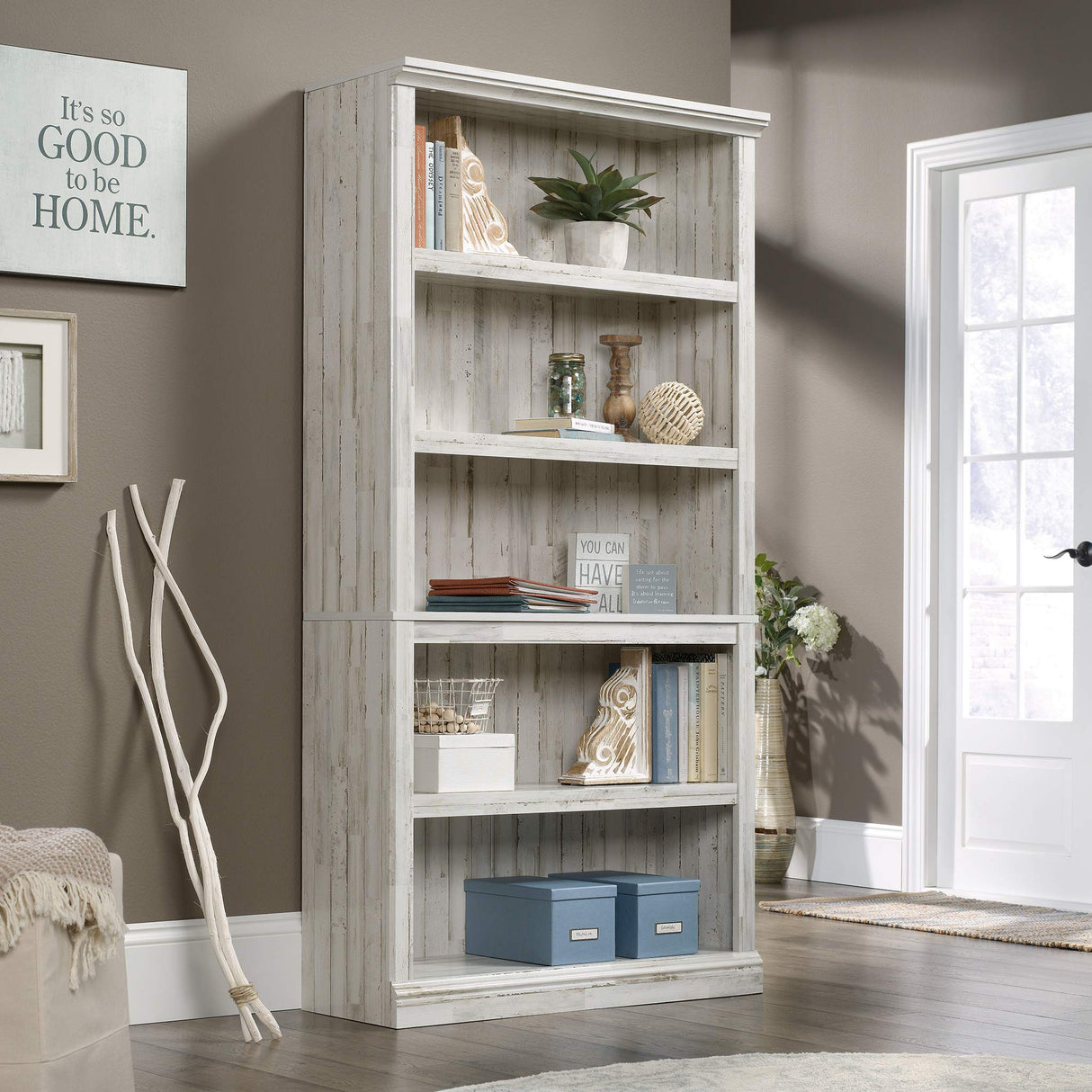 Sauder 5 Tier Book Shelf Wooden Bookcase Multipurpose Bookshelf for Home Office, Living Room, in White Plank Sauder