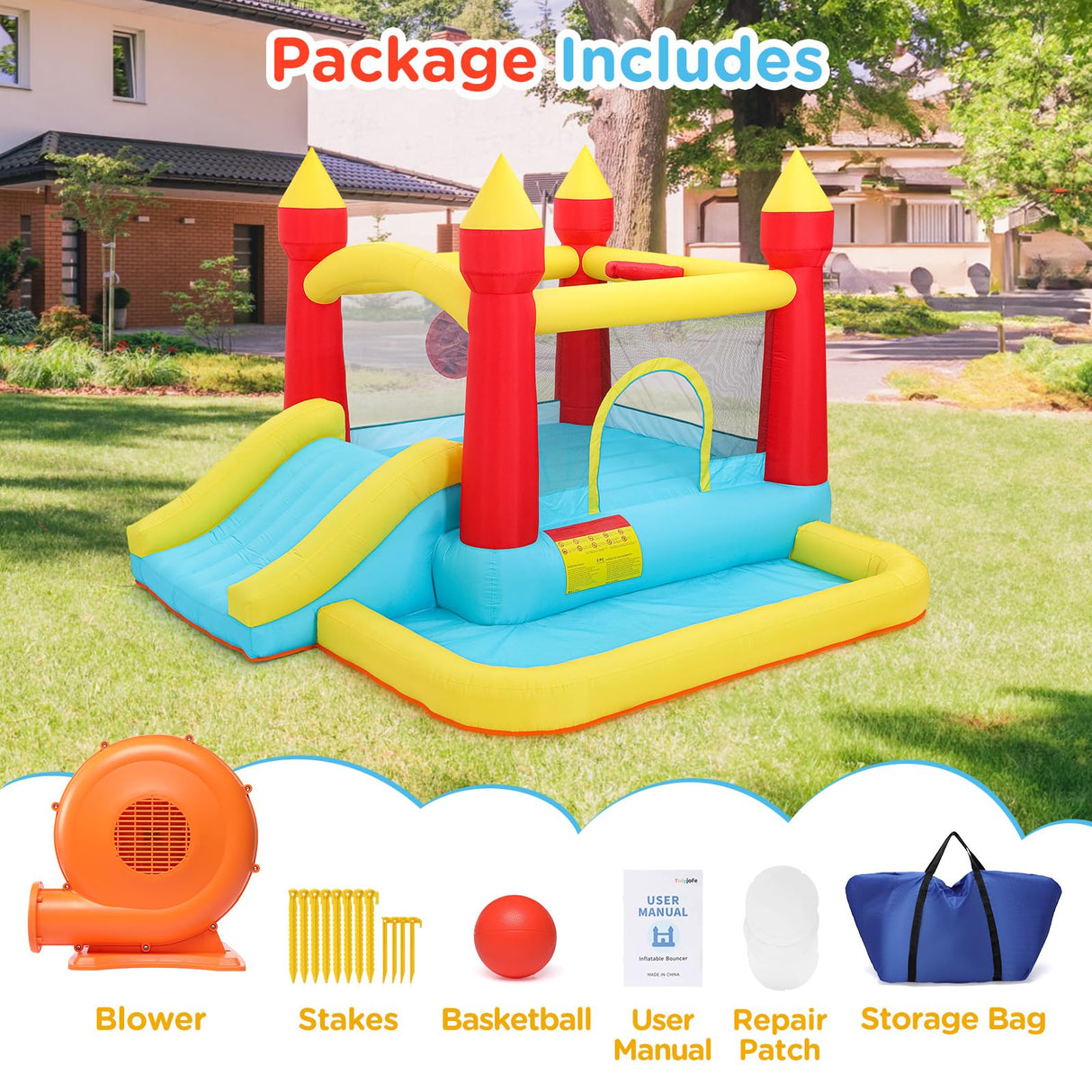 Inflatable Bounce House, Bouncy House with Blower, Bouncy Castle with Slide, Ball Pit, Jump House for Indoor Outdoor Backyard Party for Kids Aged 3-8 (10FT X 10FT X 7FT) with Repair Kit & Storage Bag Toiyjofe
