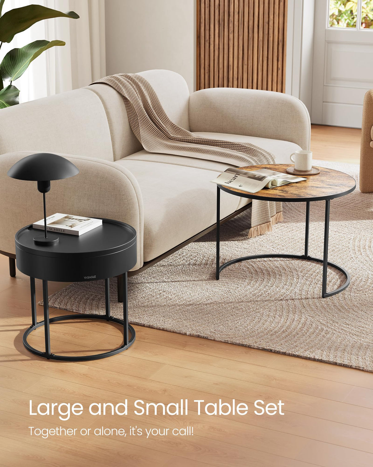VASAGLE Round Coffee Tables, Set of 2 Nesting Tables, Modern Round Side Tables with Hidden Storage and Top Tray, for Living Room, Bedroom, Office, Rustic Brown and Ink Black ULCT044K01 VASAGLE