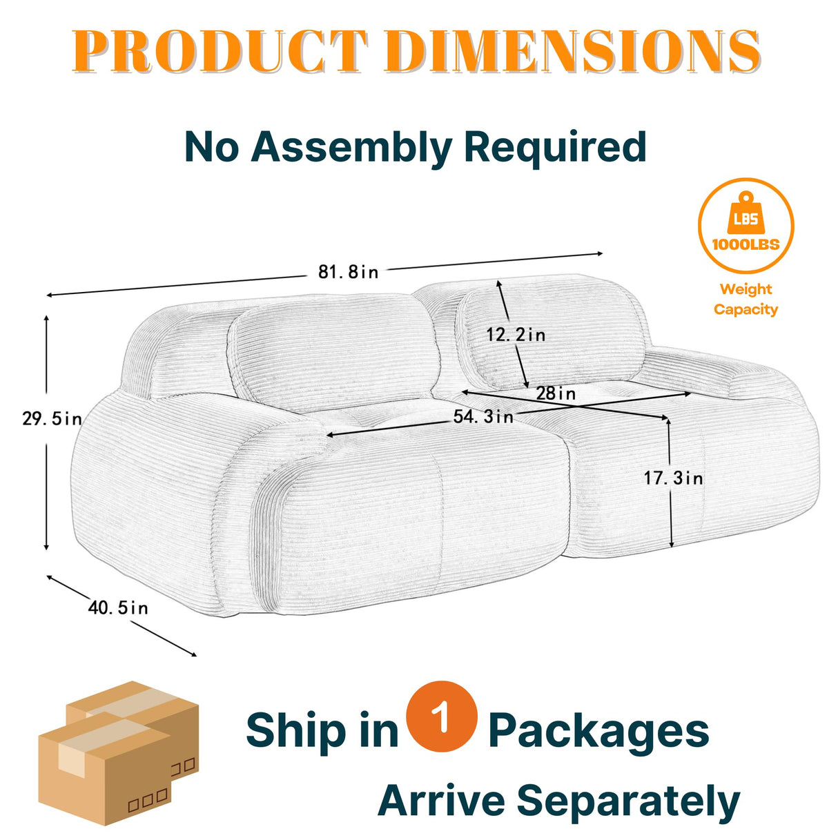 82" Boneless Couch, Comfy Loveseat Sofa Bed, Compressed Sofa with Deep Seat, Corduroy Cloud Couch for Living Room Bedroom, No Assembly Needed Wunlerlant