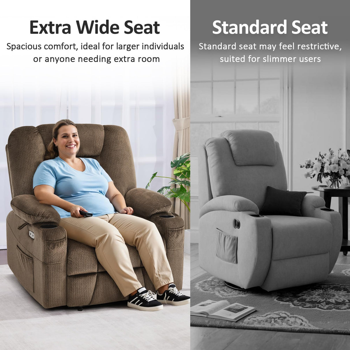 MCombo Oversized Power Lift Recliner Chair Sofa with Massage and Heat for Elderly People Petite, USB Ports, Side Pockets, Fabric R7561 (Brown, Small-Oversize) MCombo