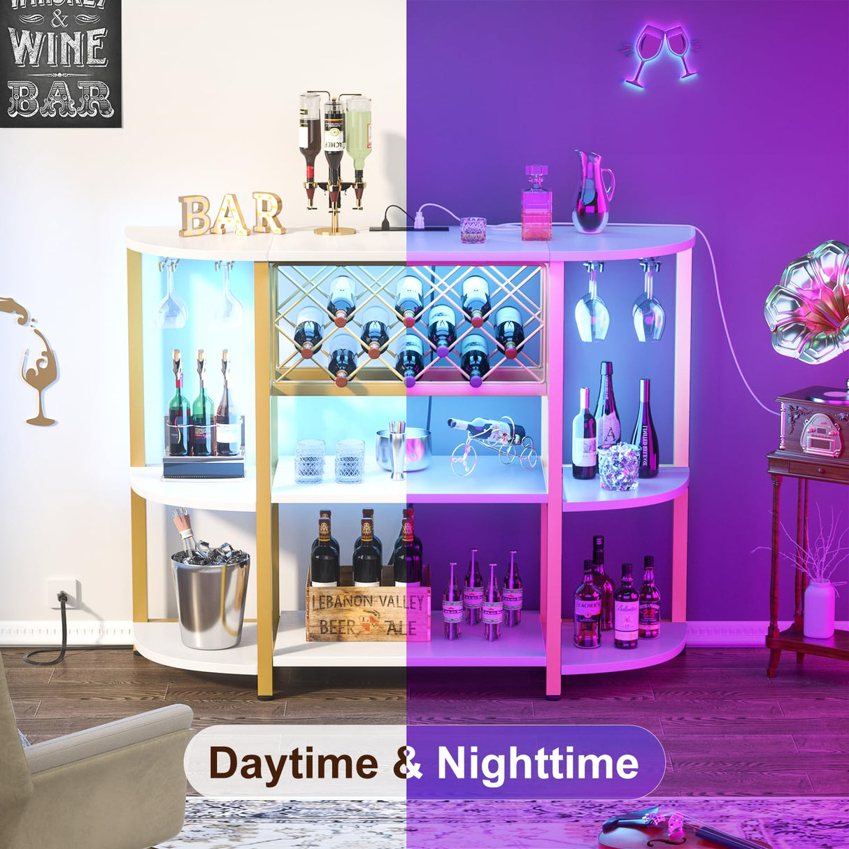 Unikito 4-Tier Metal Coffee Bar Cabinet with Outlet and LED Light, Freestanding Floor Bar Table for Liquor with Glass Holder and Wine Storage, Wine Bakers Rack for Kitchen Dining Room, White and Gold Unikito