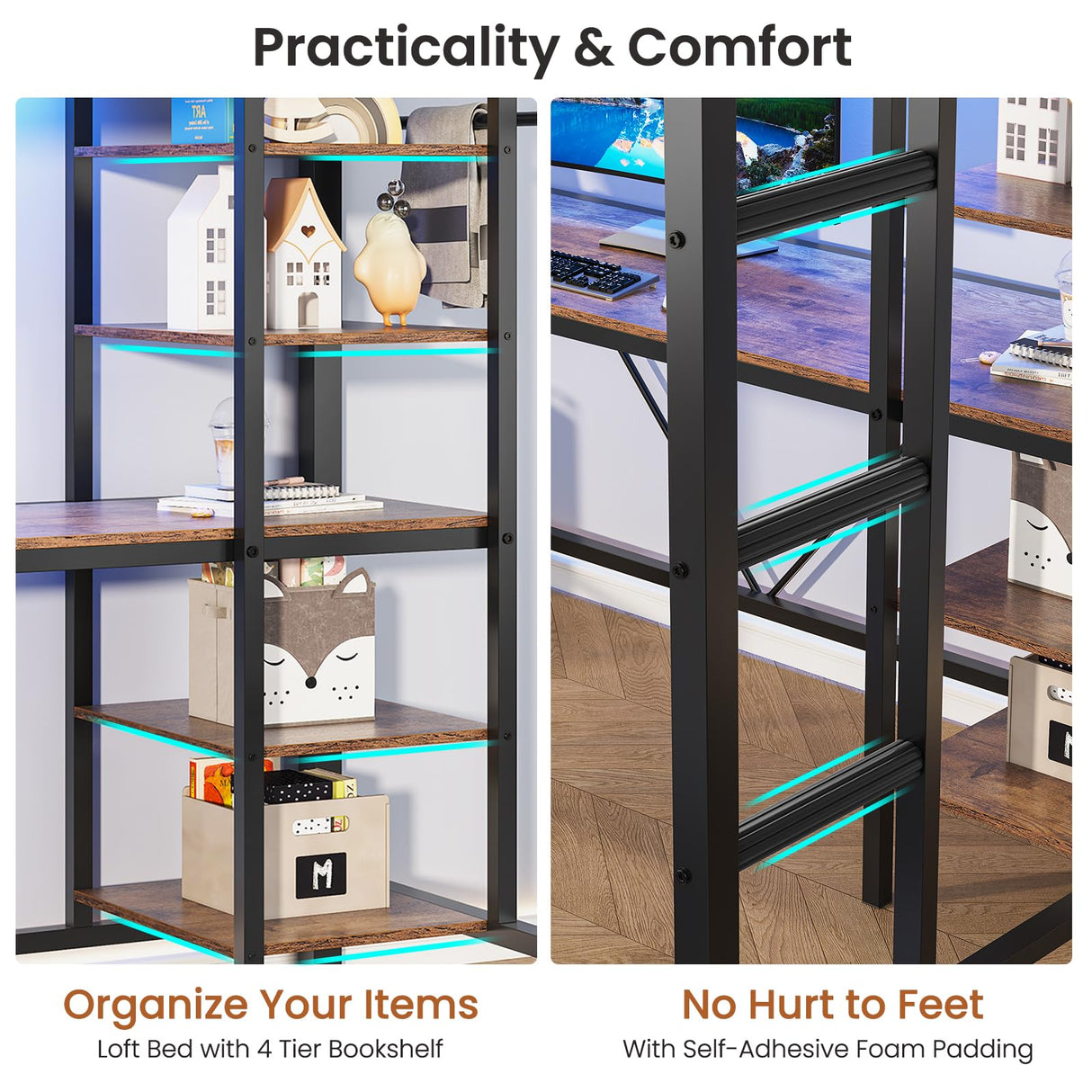 MSmask Loft Bed Twin Size with L Shaped Desk, LED Lights, Charging Station, Heavy Duty Metal Loft Bed Frame with 6 Storage Shelves, Safety Guard & Ladder, No Box Spring Needed, No Noise, Black MSmask