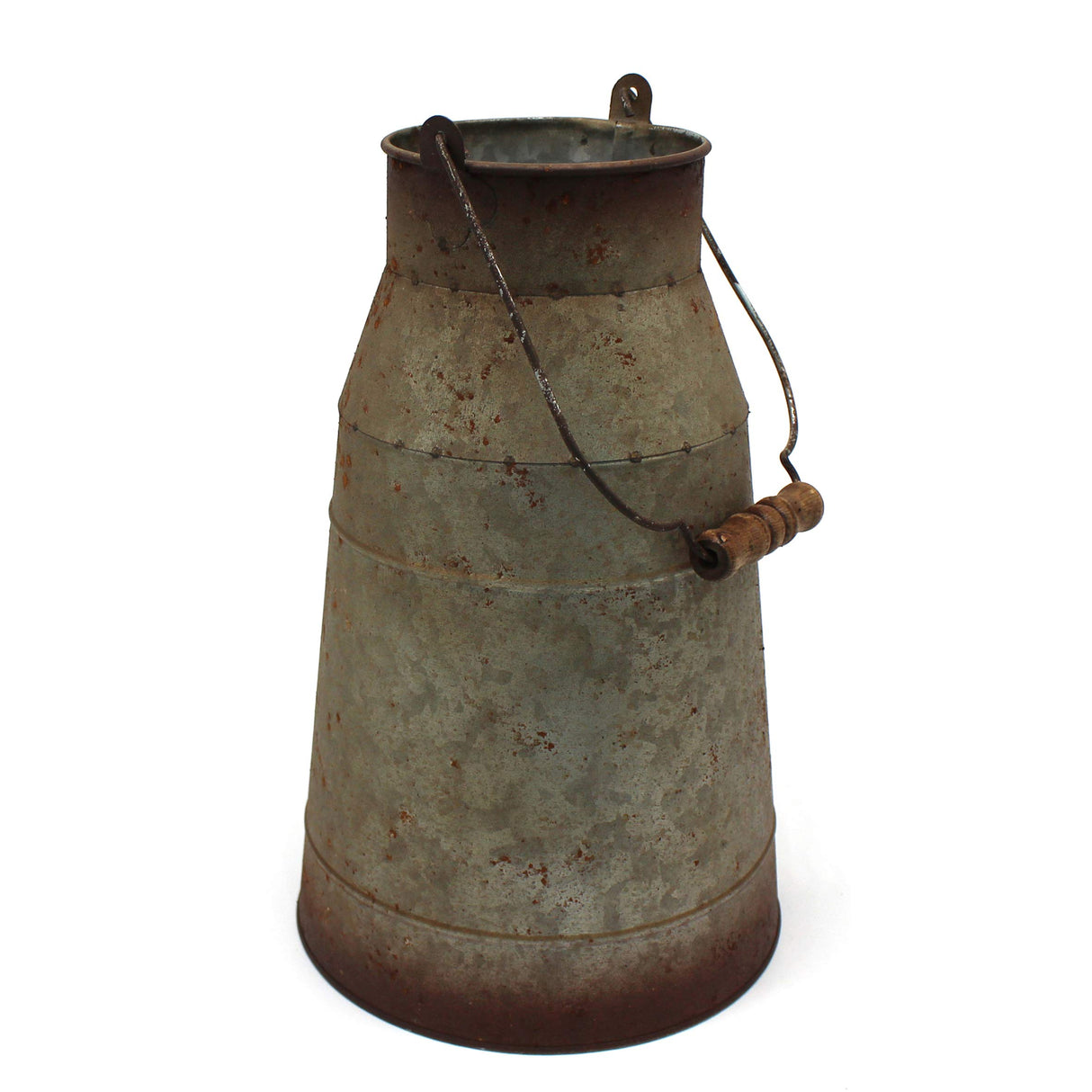 CVHOMEDECO. 10 Inch Galvanized Metal Milk Can with Wooden Handle, Old Rustic Farmhouse Pitcher Jug Vase for Home and Garden Décor. Grey CVHOMEDECO.