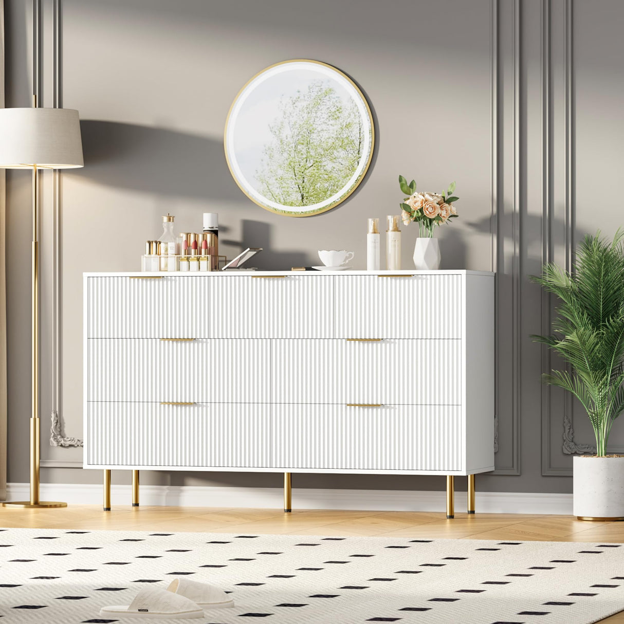 GarveeHome Fluted Wood Dresser 7 Drawers Dresser for Bedroom, Large Modern White Dresser with Gold Handle, Wood Drawer Organizer for Bedroom, Living Room, Hallway, Entryway GarveeHome