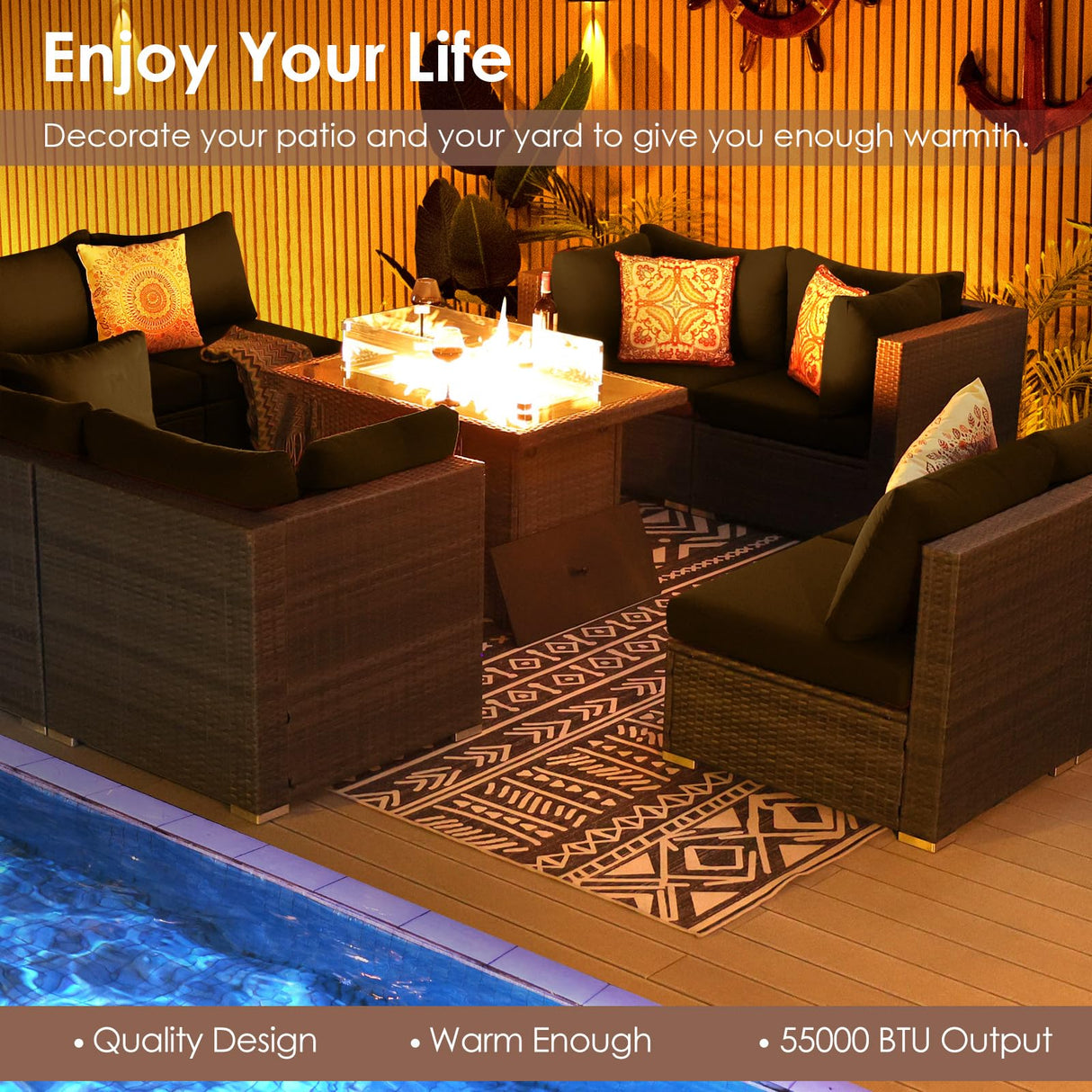 RADIATA PE Wicker Patio Furniture Set Sectional High Back Large Size Sofa Sets with Propane Fire Pit Table 55000 BTU Balcony Rattan Lounge Conversation Sets for Outdoor (11 Pieces,Dark Gray) RADIATA