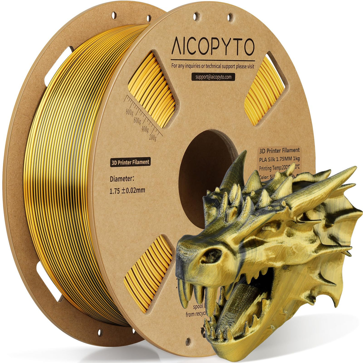 AICOPYTO Dual Color Silk PLA 3D Printer Filament 1.75mm,Dual Color 2-in-1 Gold-Black Silk Filament 1KG Spool (2.2lbs) Dimensional Accuracy Probability +/- 0.02mm Fit Most FDM 3D Printers, Black-Gold AICOPYTO