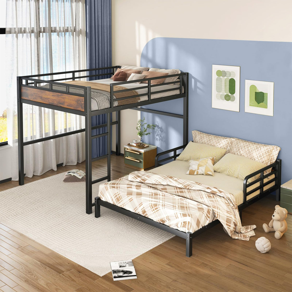 HKOLIE Queen Over Queen Bunk Bed, Convertible Metal Bunk Beds Can Separate into Loft Bed and Platform Bed, Heavy Duty Noise-Free Bed Frame with Safety Rails for Adults Teens Kids, Black HKOLIE