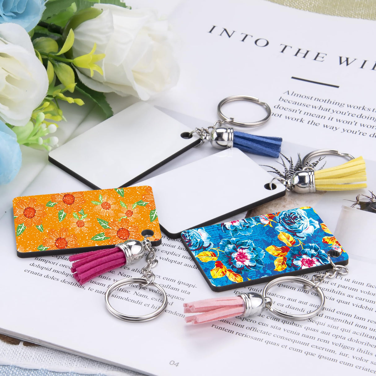 Duufin 120 Pieces Rectangle Sublimation Keychain Blanks Double Side Heat Transfer Blanks MDF Key Rings Blank Board Key Chain Blanks for Sublimation DIY and Craft Duufin
