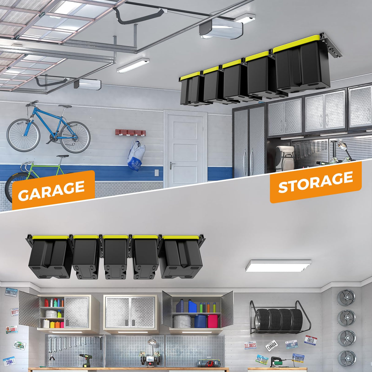 BEAMNOVA Overhead Garage Storage Rack, Heavy Duty Ceiling Storage System for Garages, Sheds, Storerooms Overhead Bin Storage (6 PCS, for 5 Bins) BEAMNOVA