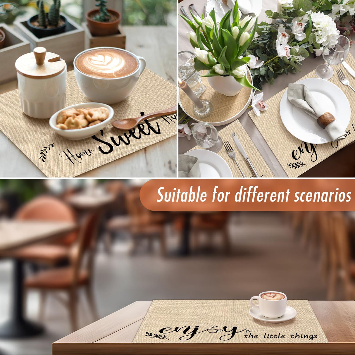 Farmhouse Placemats Set of 6 Linen Placemats 18x12'' Rustic Table Mats with Sayings Housewarming Gifts Country Tablemats Washable Cloth Place Mats for Farmhouse Table Setting(Khaki) Hahafelt