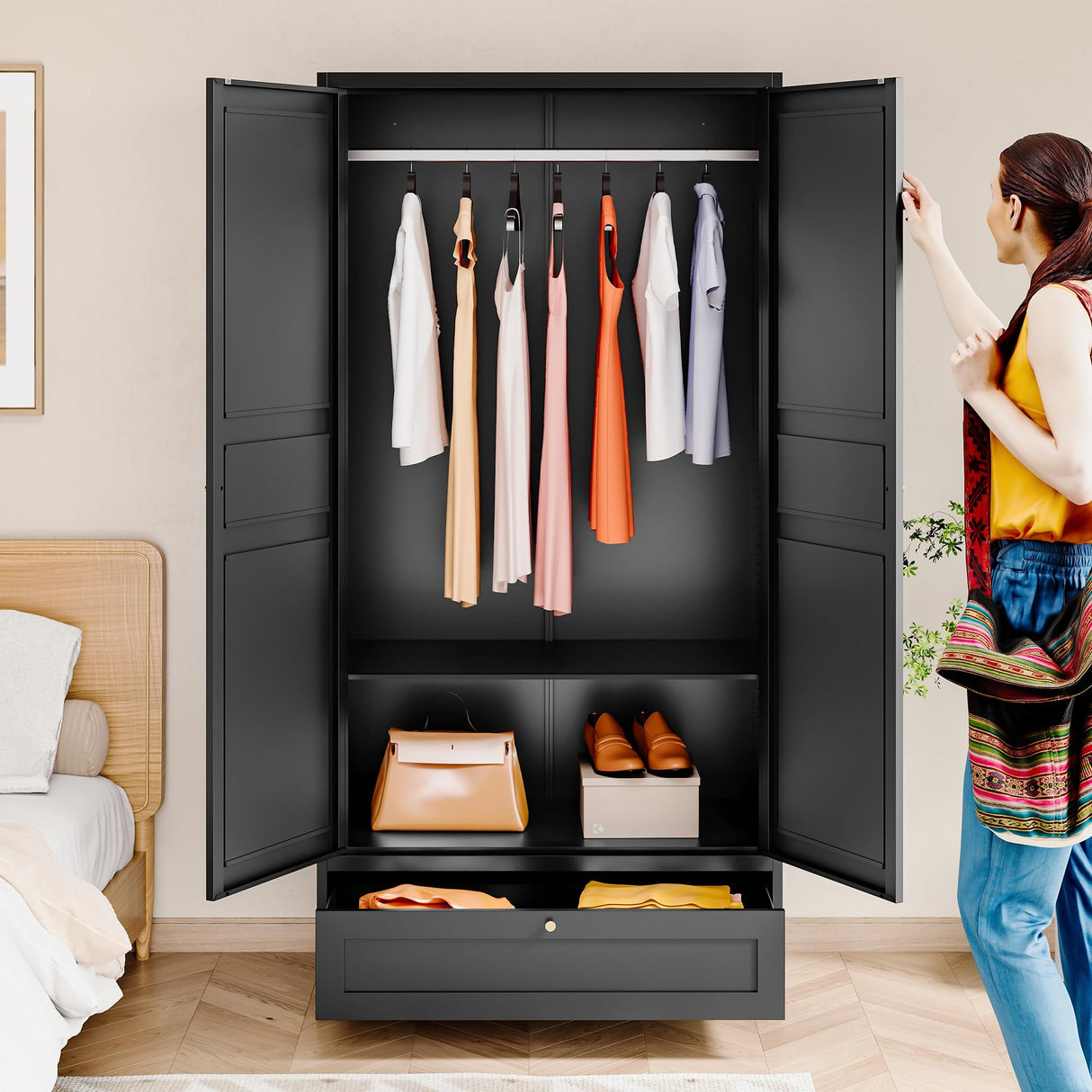 BYNSOE Metal Armoire Wardrobe Closet with 2 Doors 72'' Wardrobe Cabinet with Drawers and Hanging Rail Metal Closet with Adjustable Shelves for Bedroom. (Black, with 1drawer) BYNSOE