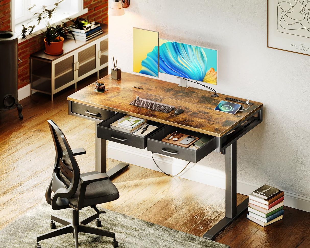 AODK Electric Standing Desk with Drawers, Height Adjustable Desk with Power Outlets & LED Lights, Stand Up Desk with 3 Drawers, Sit Stand Home Office Desk Computer Workstation, 47 Inch AODK