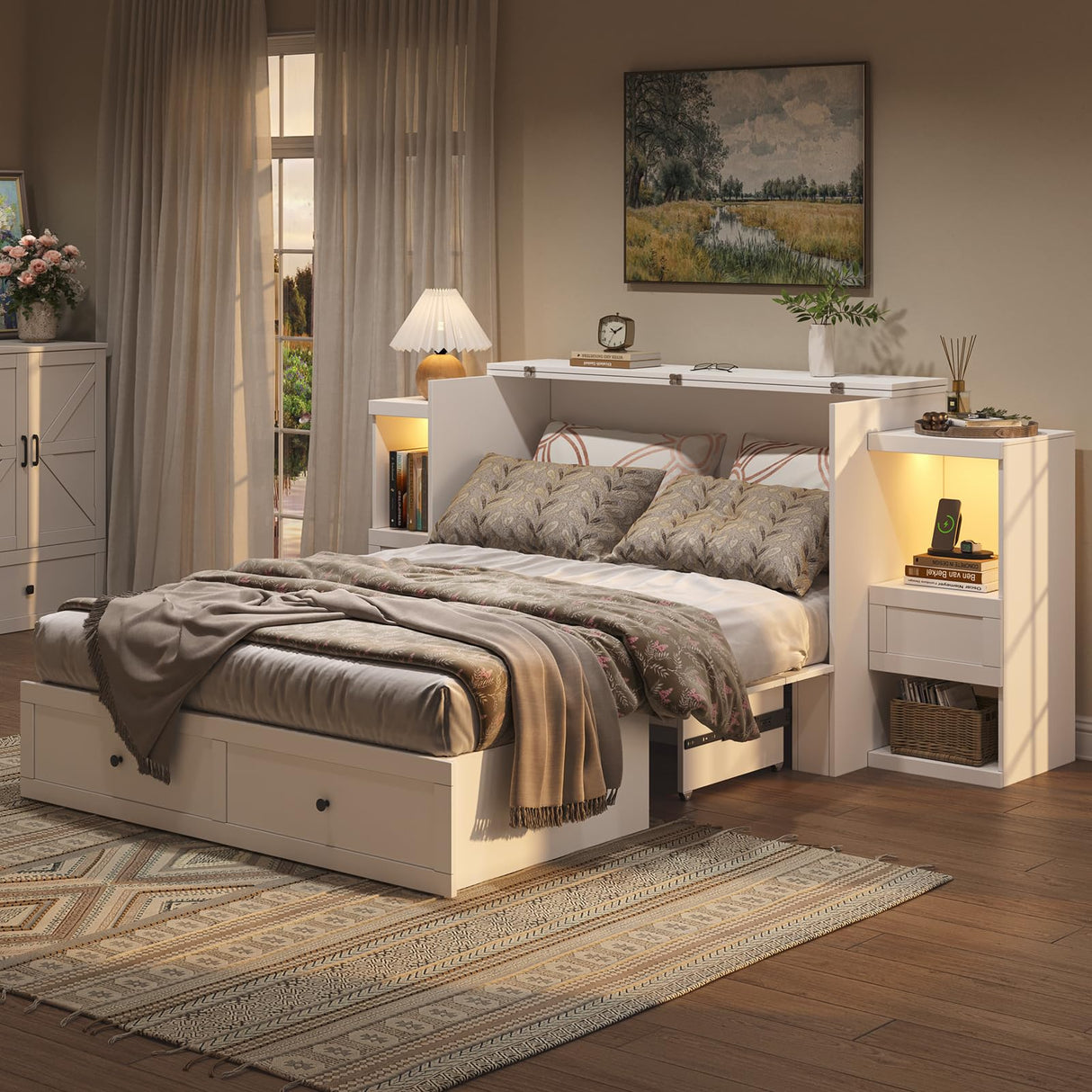 LIVAUVEAD Full Size Murphy Bed with Bedside Tables,Full Size Foldable Cabinet Bed Frame with Charging Station & Drawer,Murphy Bed Chest with Adjustable LED Light for Bedroom,Guest Room,White LIVAUVEAD