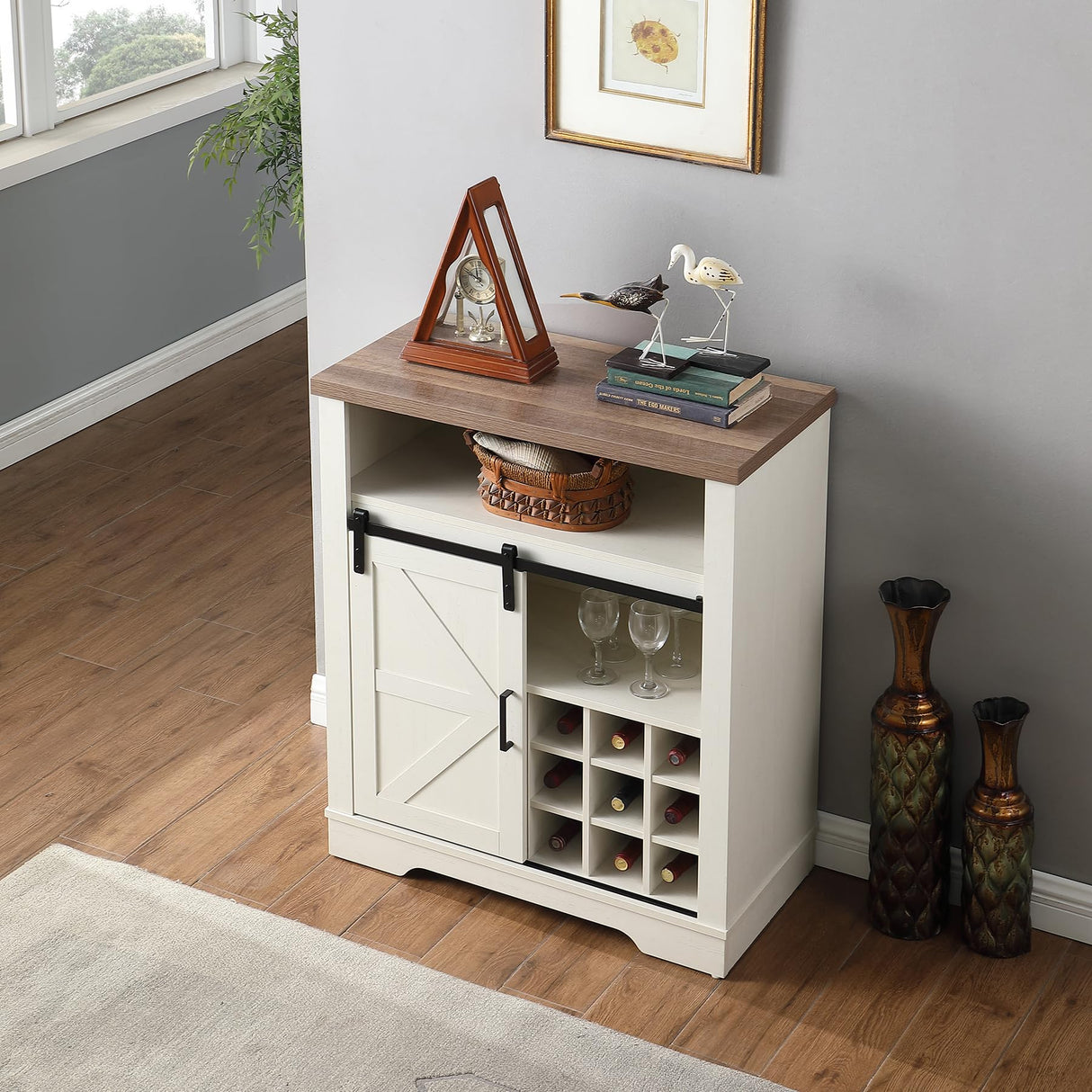 Kebuz House Farmhouse Wine Cabinet with Sliding Barn Door & Open Shelf, Liquor Cabinet with Rack for Inside Cabine,Buffet Table for Dining Room, Kitchen,Off White Kebuz House