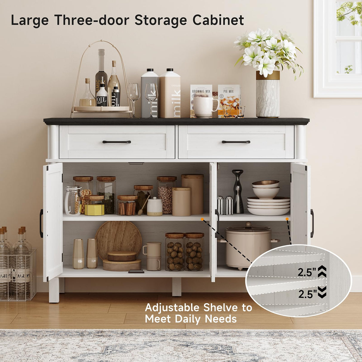 48 Inches Buffet Cabinet with Storage, Farmhouse Sideboard Buffet w/2 Drawers and 3 Doors, Wood Coffee Bar Cabinet with Adjustable Shelves, Sideboard Storage for Kitchen, Living Room, Off White&Black ONBRILL