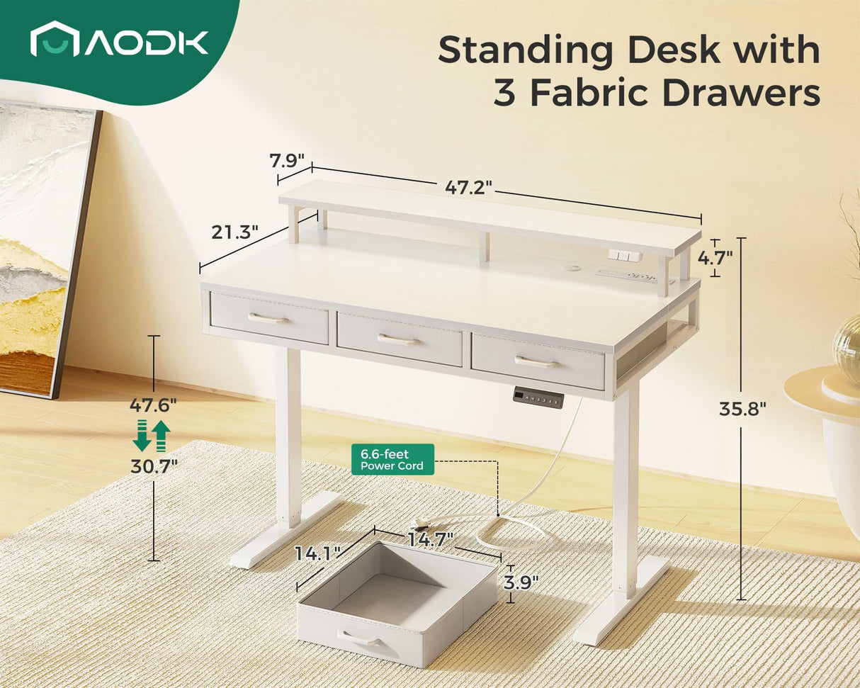 AODK Electric Standing Desk with Drawers, 47 Inch Height Adjustable Small Desk with Power Outlets & LED Lights, Sit Stand Table with Monitor Stand for Home, Office, Workstation, White AODK