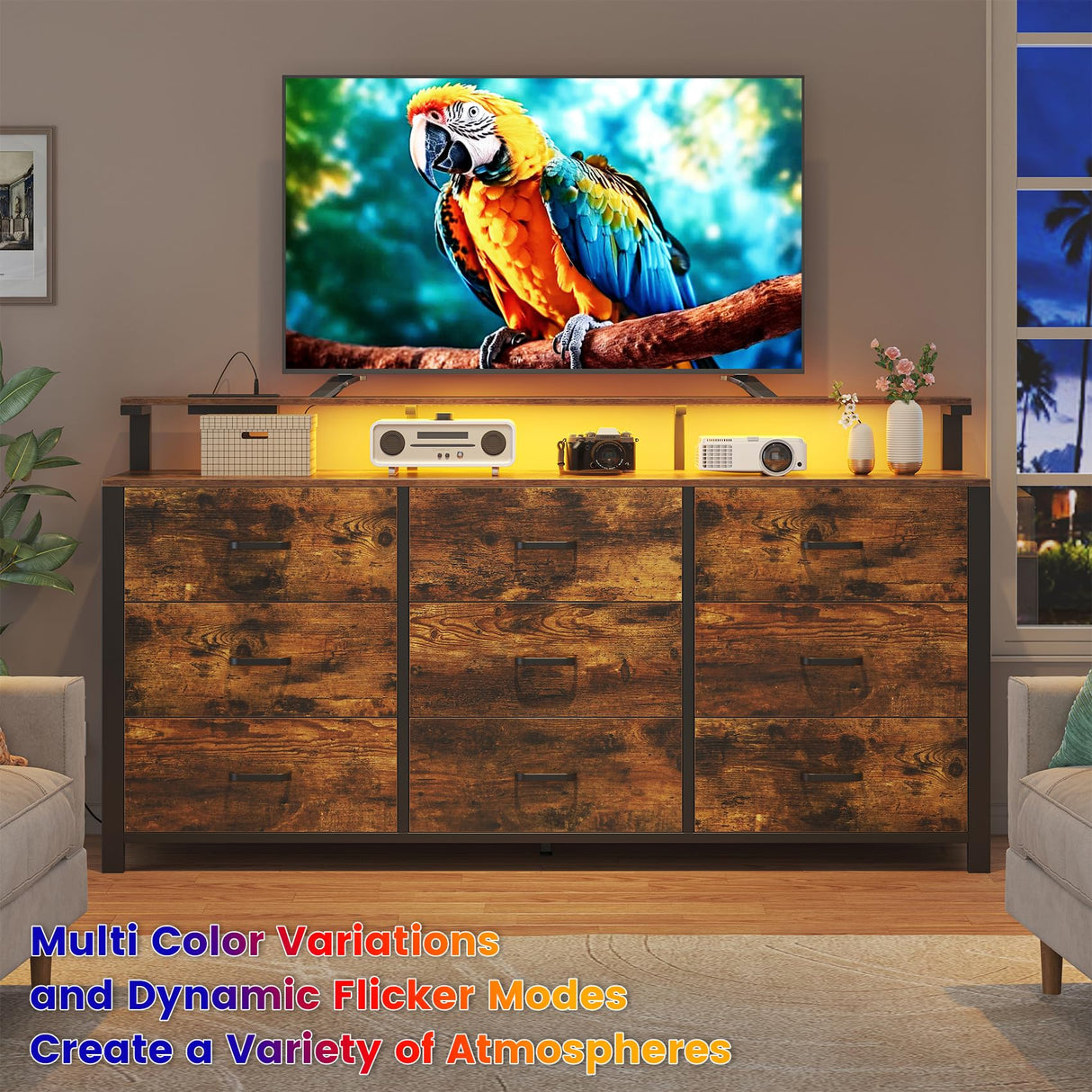 Frmobepts 63'' Rustic Brown Dresser for Bedroom, 9 Drawer Dresser with Power Outlet and Led Lights, Bedroom Furniture with Wooden Drawer and Metal Frame, TV Stand with Deep Drawer Storage Frmobepts