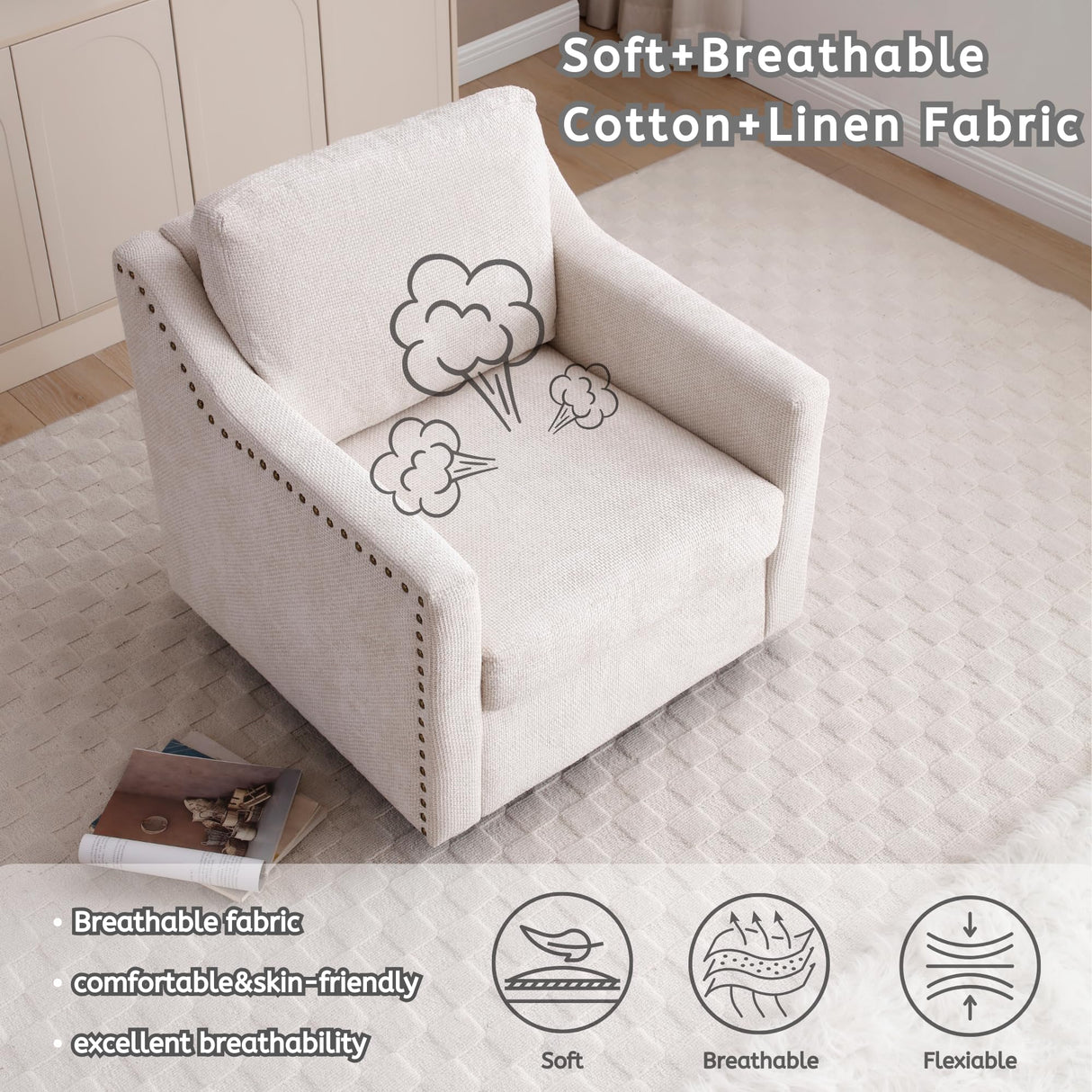 Oversized Swivel Accent Chair,Chenille Fabric Large Comfy Reading Chairs,Mid Century Modern Living Room Chair,Wide Arm Chair with Thick Soft Cushion,Single Sofa Chair for Living Room,Bedroom Wunlerlant