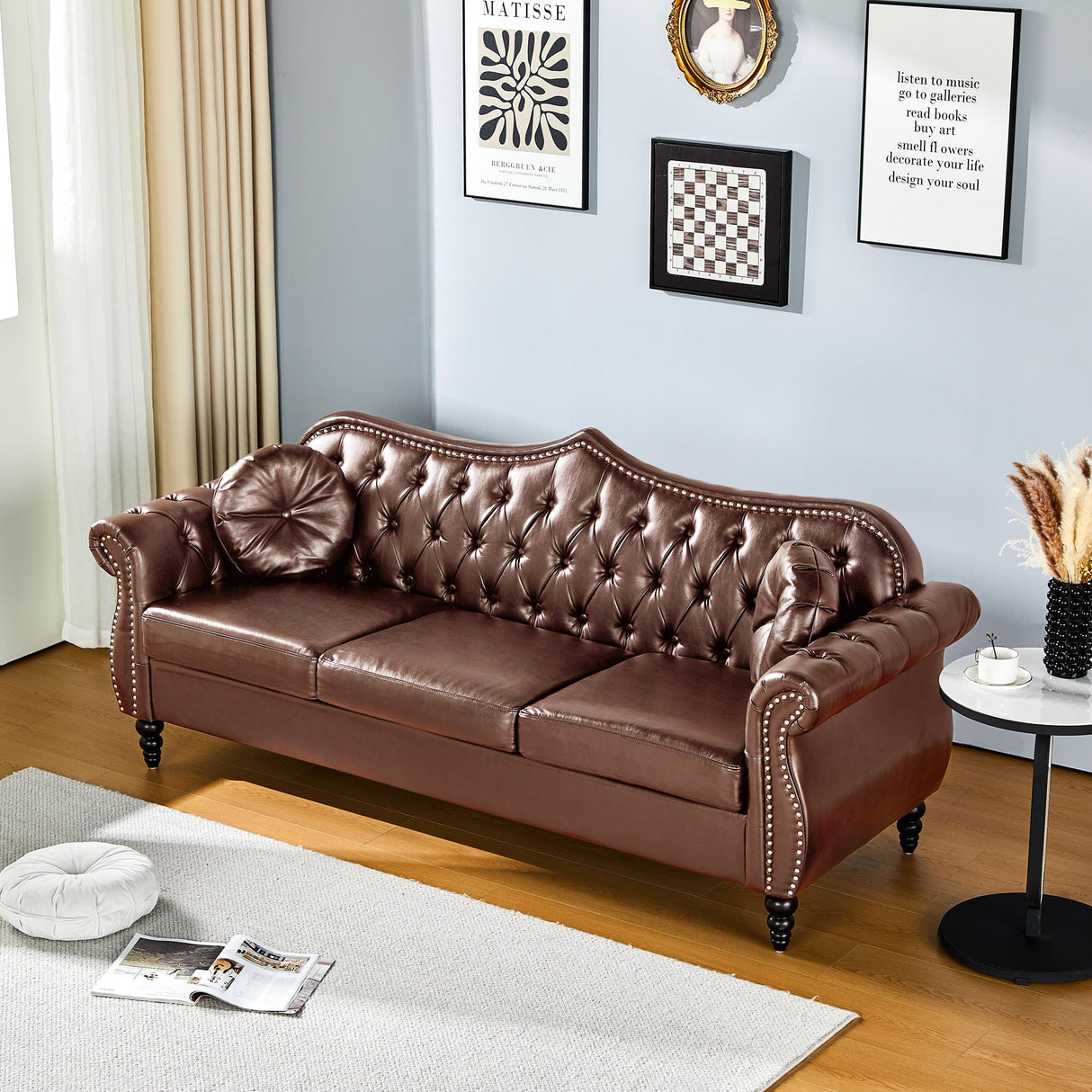 AVZEAR 82" Three Seater Sofa, Chesterfield Sofa, Mid-Century Modern PU Upholstered Sofa, Deep Button Tufted Living Room Sofa with Two Throw Pillows, Brown AVZEAR