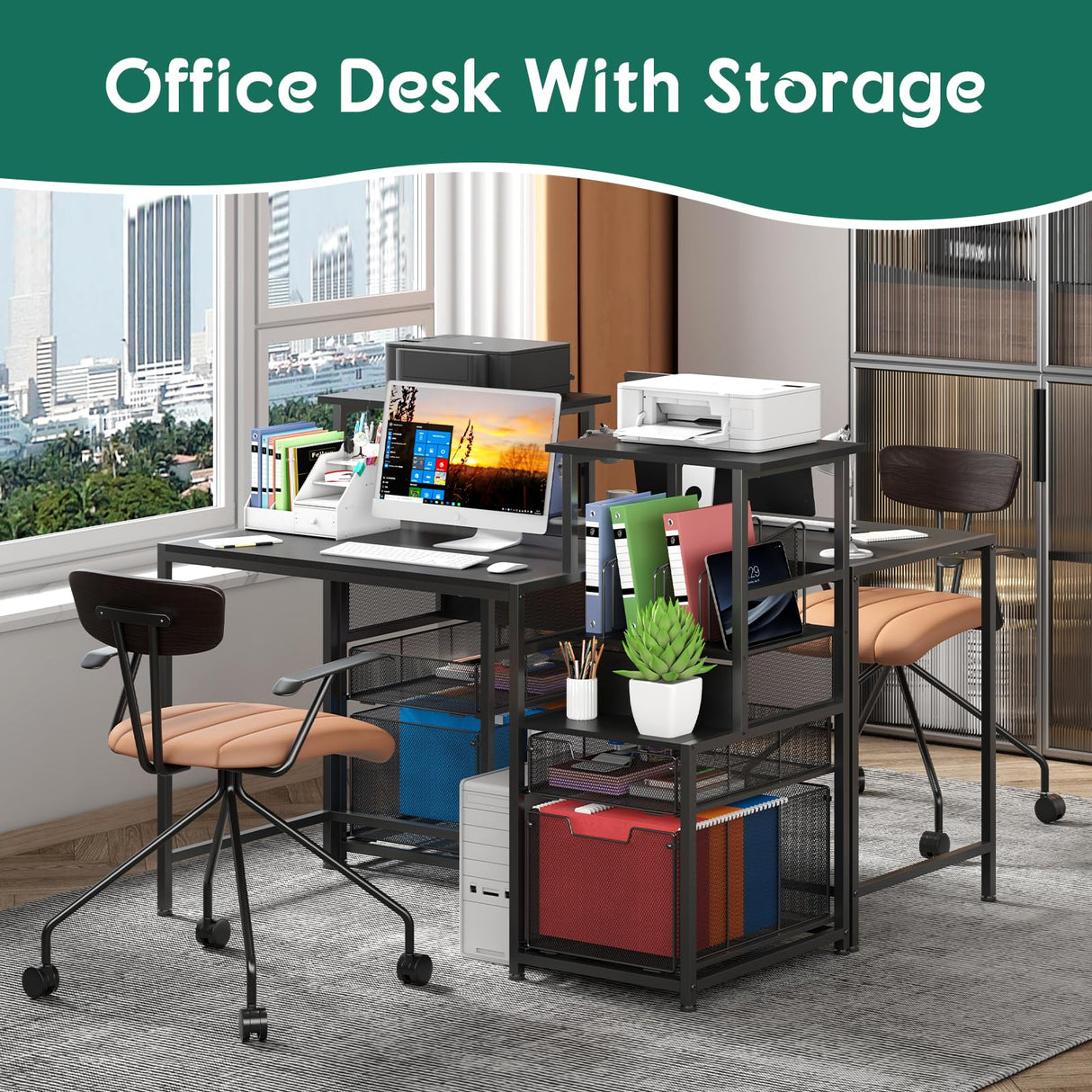 Sbanmao Computer Desk with Drawers and Storage Shelves, 47 Inch Home Office Desks with Mesh File Drawers Cabinet for Small Space,Gaming Study Writing Table for Bedroom,Black Sbanmao