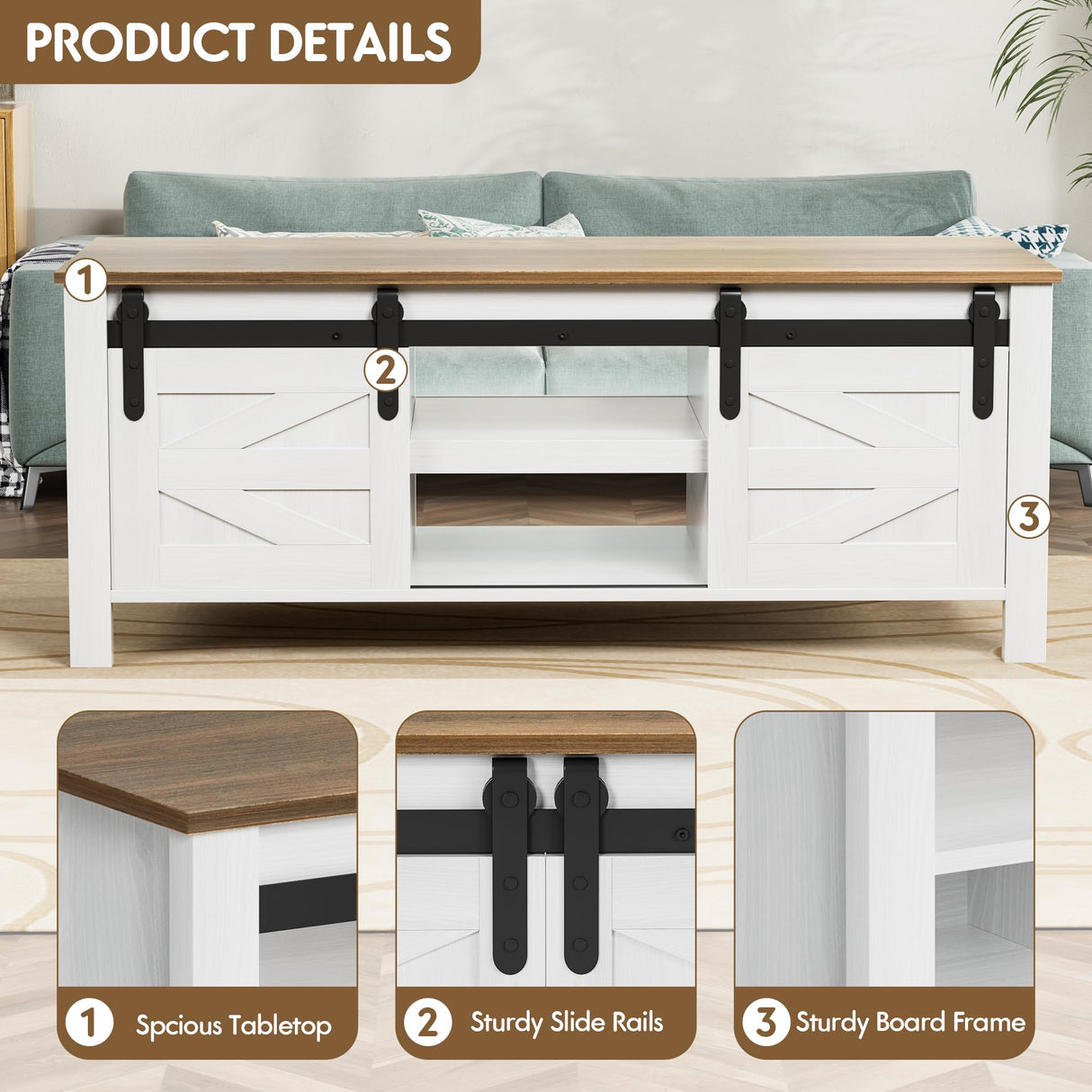 JUMMICO Farmhouse Coffee Table with Storage & Sliding Barn Doors, Modern Rustic Living Room Table with Adjustable Shelves, Wooden Rustic Center Table for Living Room (Antique White) JUMMICO