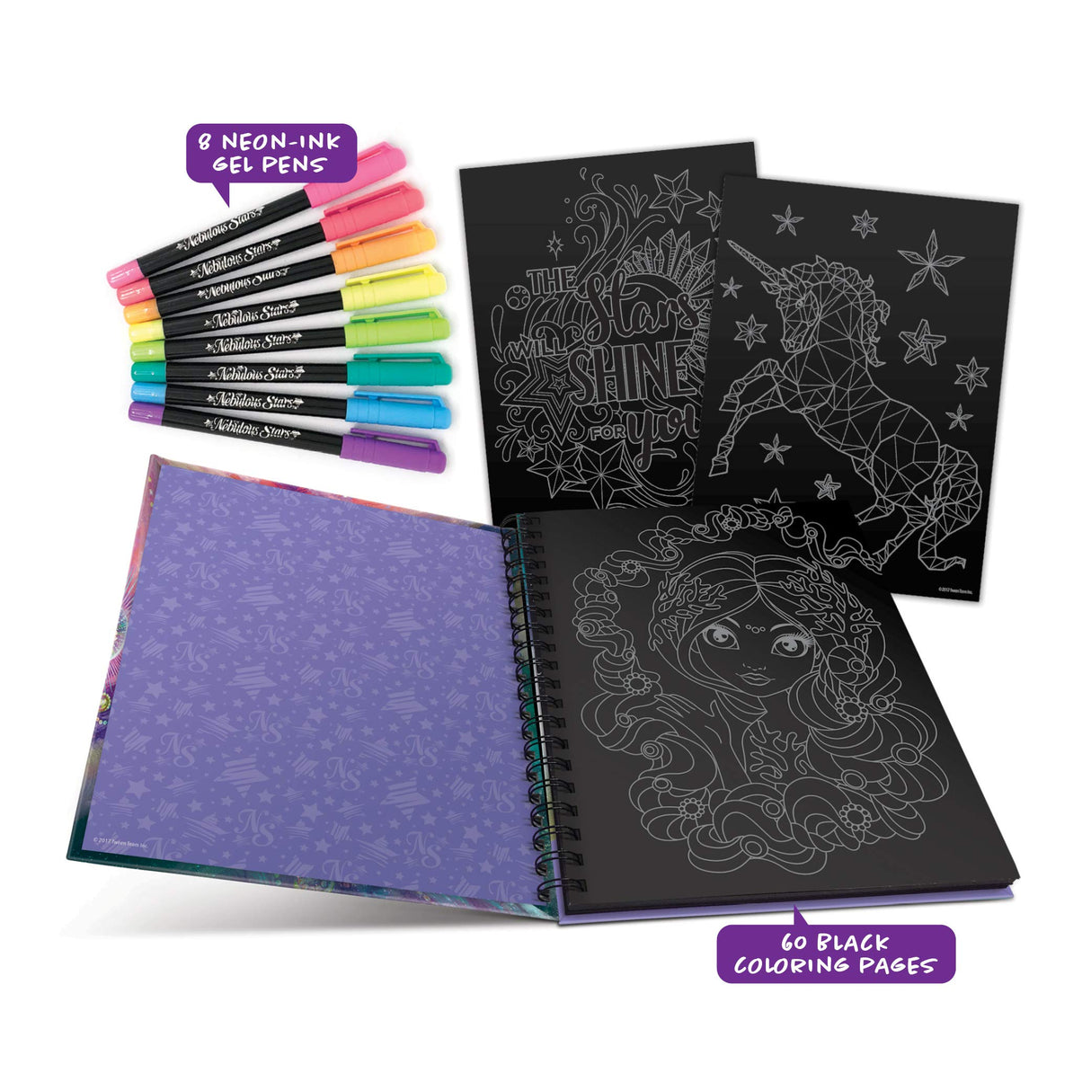 Large Coloring Book for Girls - 60 Black Coloring Pages - Comes with 8 Neon-Ink Gel Pens Nebulous Stars