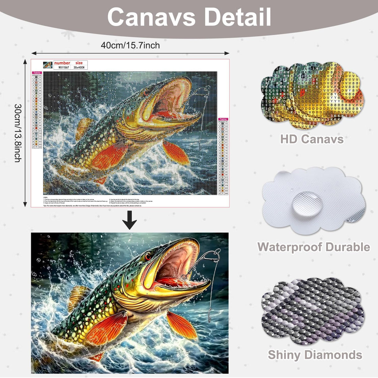 AIRDEA Diamond Art Paintings Kits for Adults,Fish DIY Gem Art Kits for Beginner,12x16 in,Big Fish,Round Full Drill AIRDEA