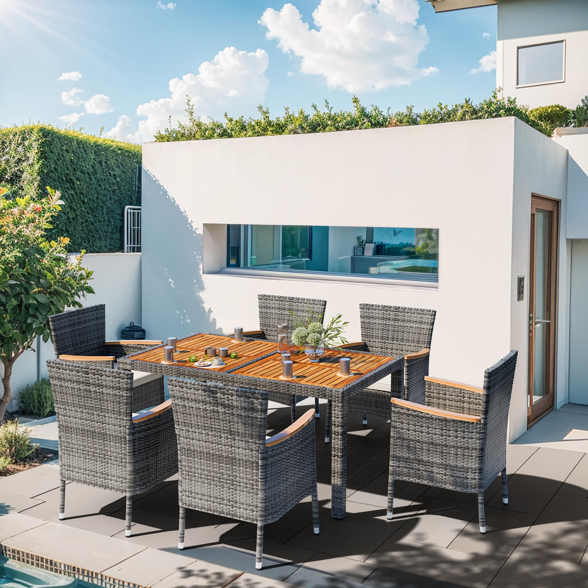 Shintenchi 7 Pieces Patio Dining Set, Wicker Patio Conversation Set with Wooden Table Top, Outdoor Table and Chairs with Soft Cushions for Backyard, Deck and Garden, Grey Rattan Shintenchi