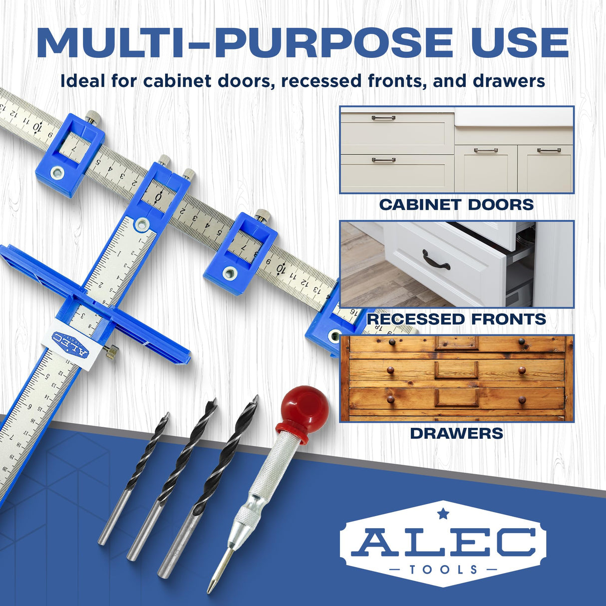 Alec Tools Cabinet Installation Tools Complete Set - Adjustable Cabinet Hardware Jig Kit for Handles, Knobs, Drawer Pulls - Cabinet Handle Jig, Concealed Hinge Jig, Automatic Center Punch, Drill Bits Alec Tools