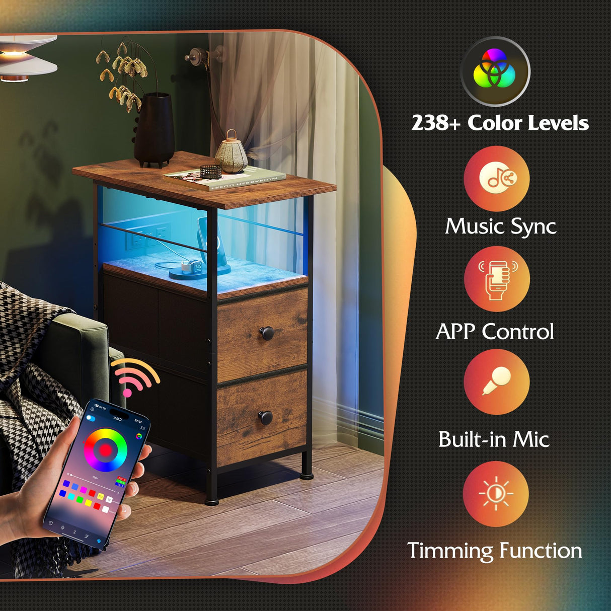 WLIVE Narrow Side Table with Charging Station, End Table with LED Lights,2 Fabric Drawers and Open Shelf, Bed Side Tables Living Room, Small Spaces, Bedroom, Night Stand with Charger Station WLIVE