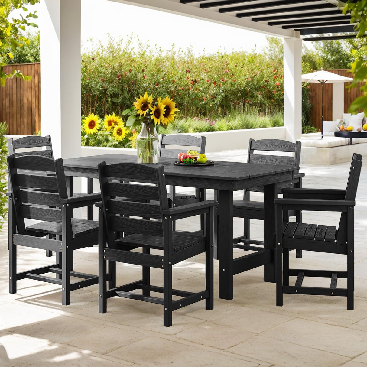 TenKa 7 Piece HDPE Patio Furniture Set for 6, Dining Table and Chairs, Outdoor Table with Umbrella Hole, Outdoor Dining Set for Garden, Backyard, Lawn, and Poolside TenKa