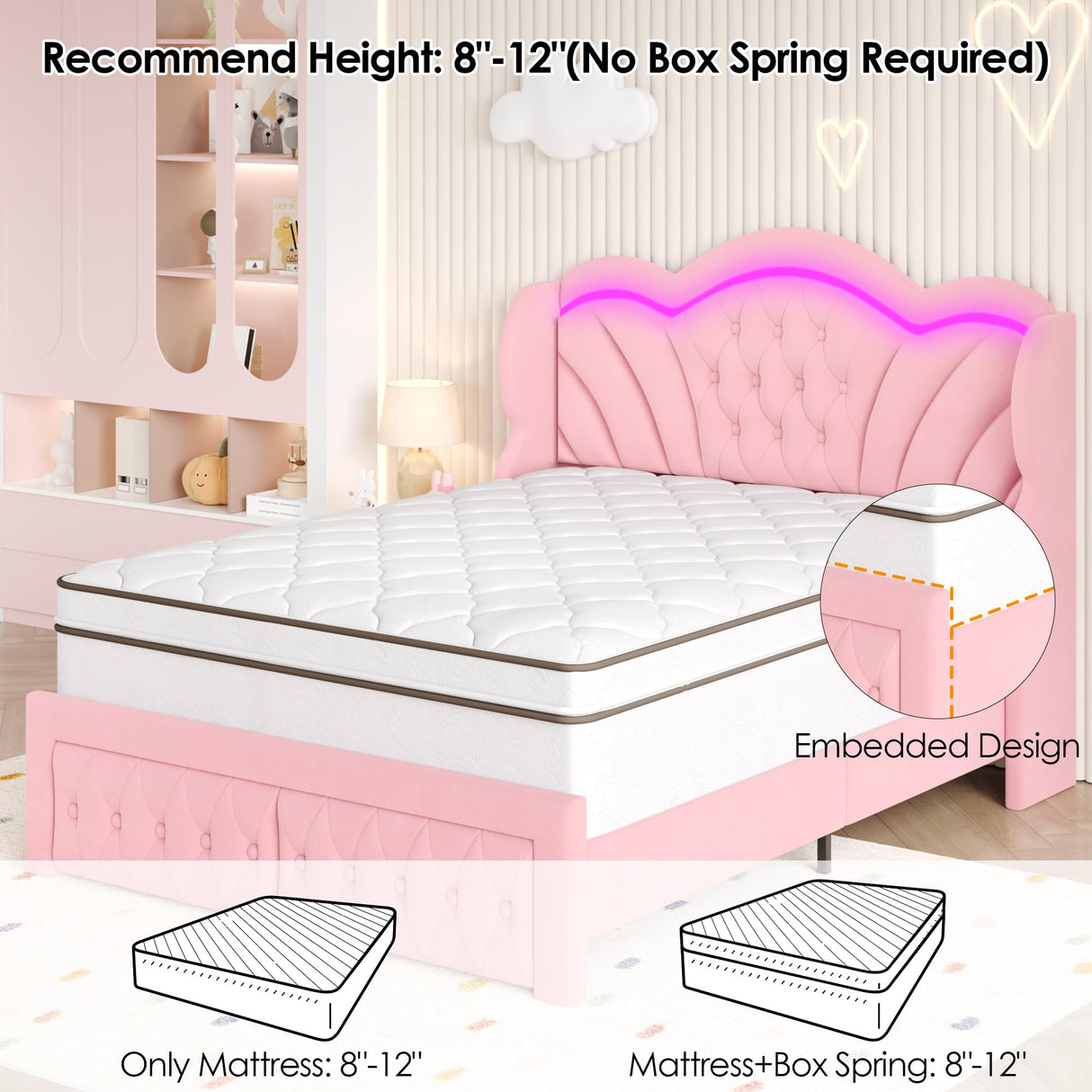 Keyluv Queen Bed Frame Arc-Shaped LED Lights and 47.2" Height Wingback Bed, Button Tufted Headboard and Footboard with Storage Drawer, Velvet Upholstered Platform Bed Frame No Box Spring Needed, Pink Keyluv