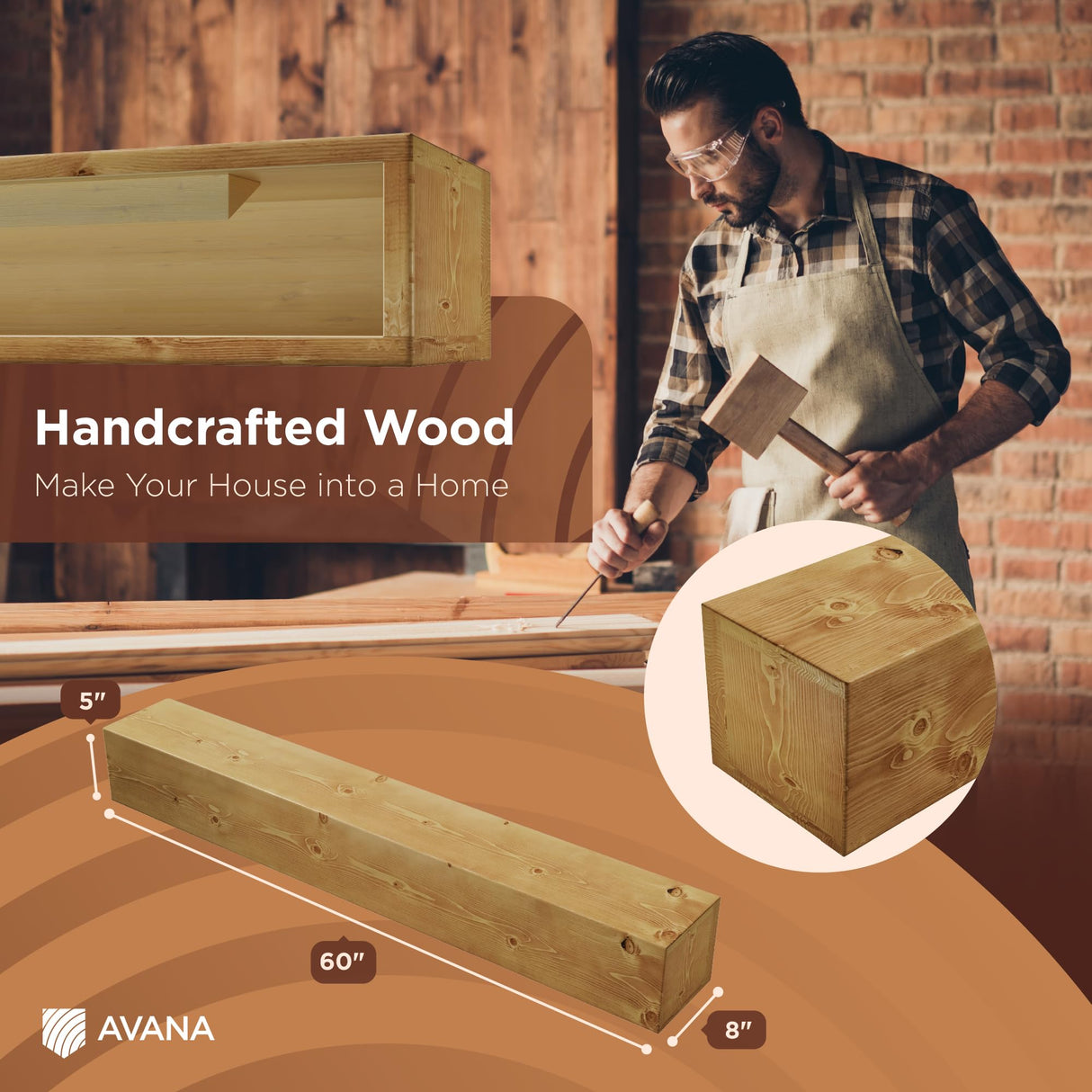 Avana Rustic Fireplace Mantle Shelf 60 Inches - Handcrafted Wood Mantles for Over Fireplace - Wall Mounted Farmhouse Fireplace Mantel Shelf - Floating Fireplace Mantels 60 Inch X 8 X 5 Rustic Natural Avana