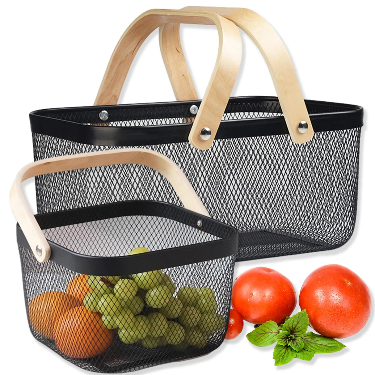 Cheardia 2 Pack Picnic Baskets, Metal Mesh Harvest Basket with Foldable Wooden Handle, Rectangle Garden Storage Basket Bin for Vegetable Fruit Garden Kitchen Cabinet Picking Gathering Cheardia