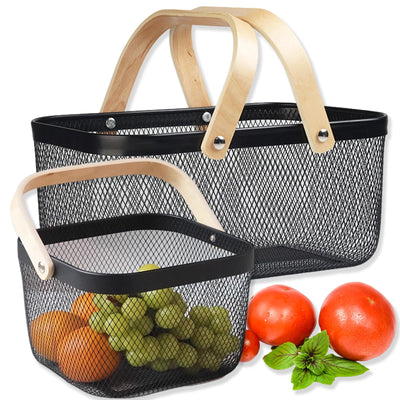 Cheardia 2 Pack Picnic Baskets, Metal Mesh Harvest Basket with Foldable Wooden Handle, Rectangle Garden Storage Basket Bin for Vegetable Fruit Garden Kitchen Cabinet Picking Gathering