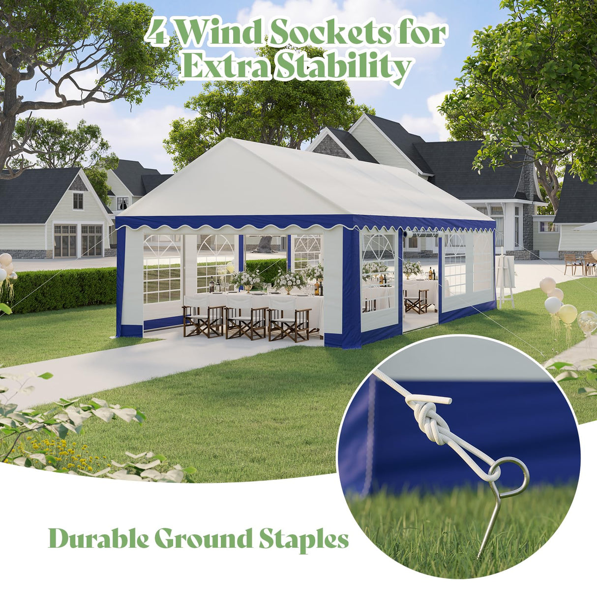 AMERLIFE 13 x 26 FT Party Tent with Rolled Sidewalls, Heavy Duty Wedding Tent for Party Outside with Zinc Alloy Tube & Spiral Stakes, Waterproof Event Shelters, White & Blue AMERLIFE