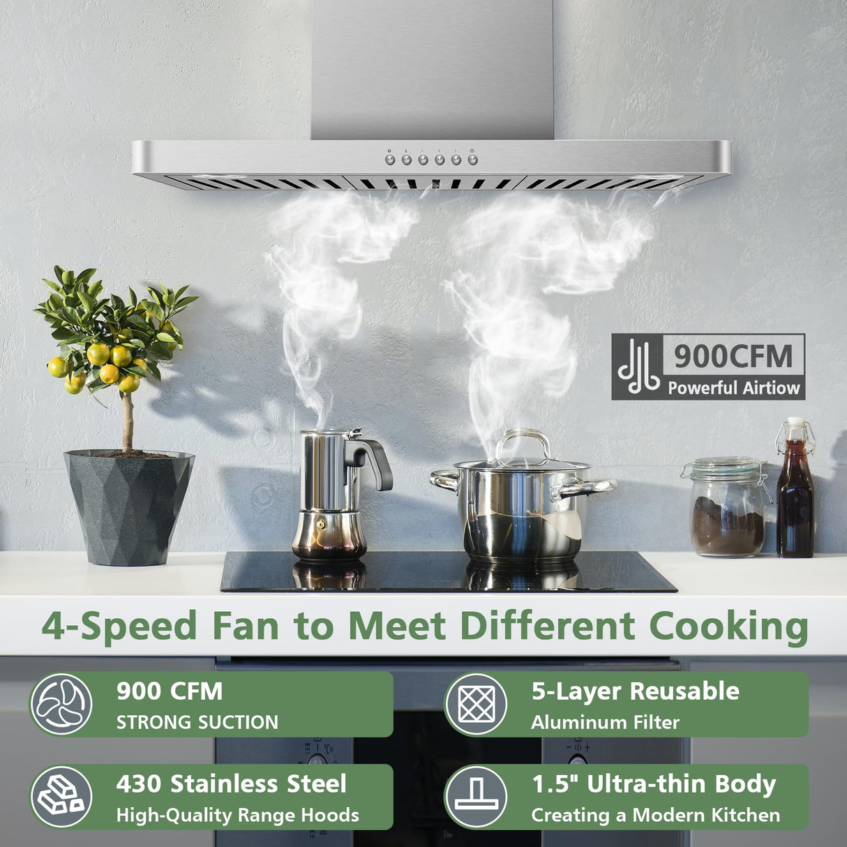 ONEEON 30" Range Hood - 900 CFM Stainless Steel Wall Mount Kitchen Exhaust with 4 Speed Fan, LED Lights, Push Button, Ultra-thin Body, Chimney Style Stove Vent Hood & Ducted Exhaust Vent ONEEON