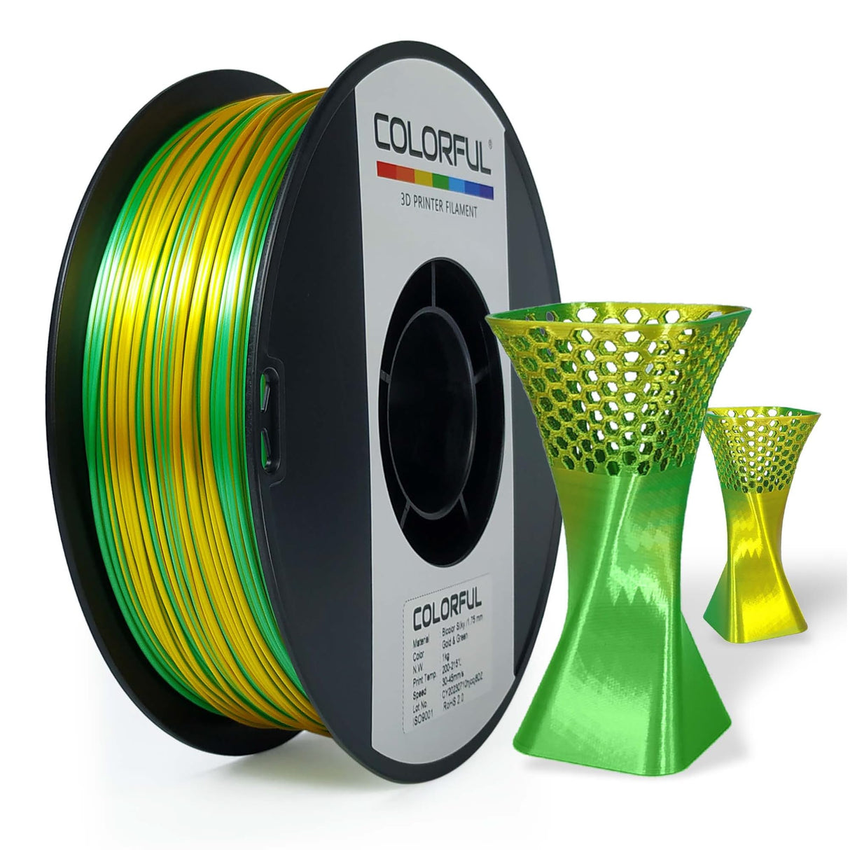COLORFUL Silk PLA Filament 1.75mm 3D Printer Filament, Dual Color Filament, Shiny Filament 1kg Spool(2.2lbs), Silk 3D Printing Filament, Gold Green colorful