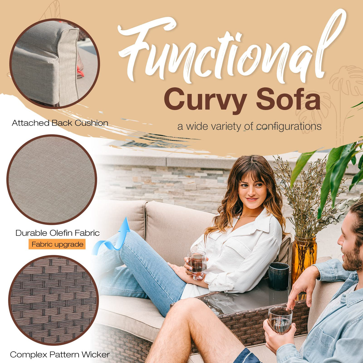 SUNSITT Outdoor Patio 8-Piece Half Moon Curved Furniture Sofa Set Brown Wicker Sectional Sofa Beige Cushions with 2 Side Table SUNSITT